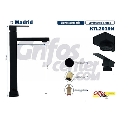 Grifería Lavamanos Agua Fría Alta Madrid Negro