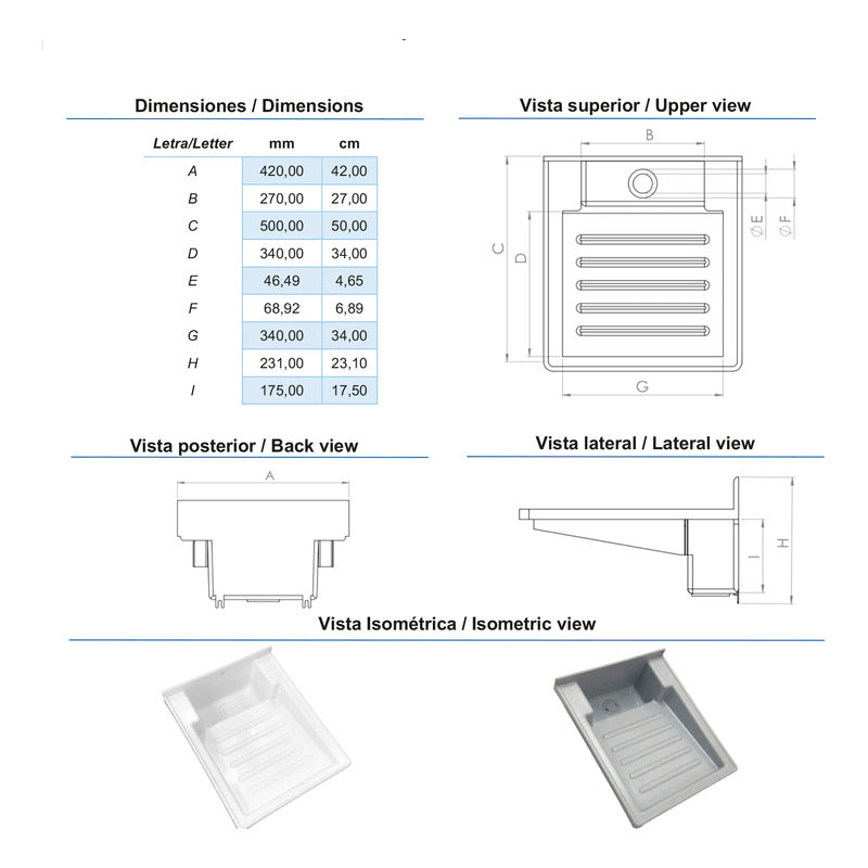 Lavadero Plastico Blanco 50*42cm