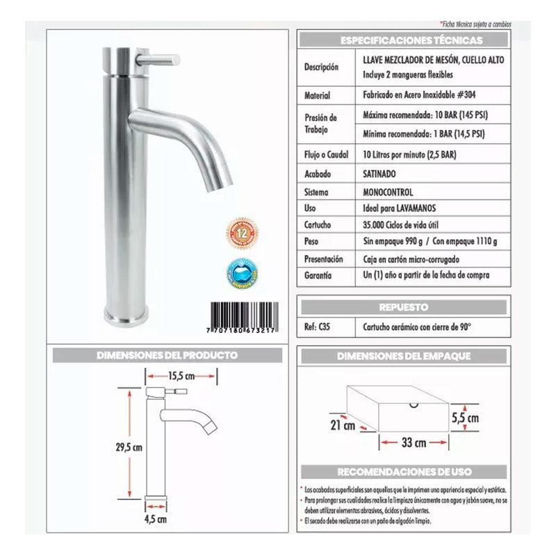 Combo Lavamanos Rectang.+griferia Monocontrol+push+sifongf11