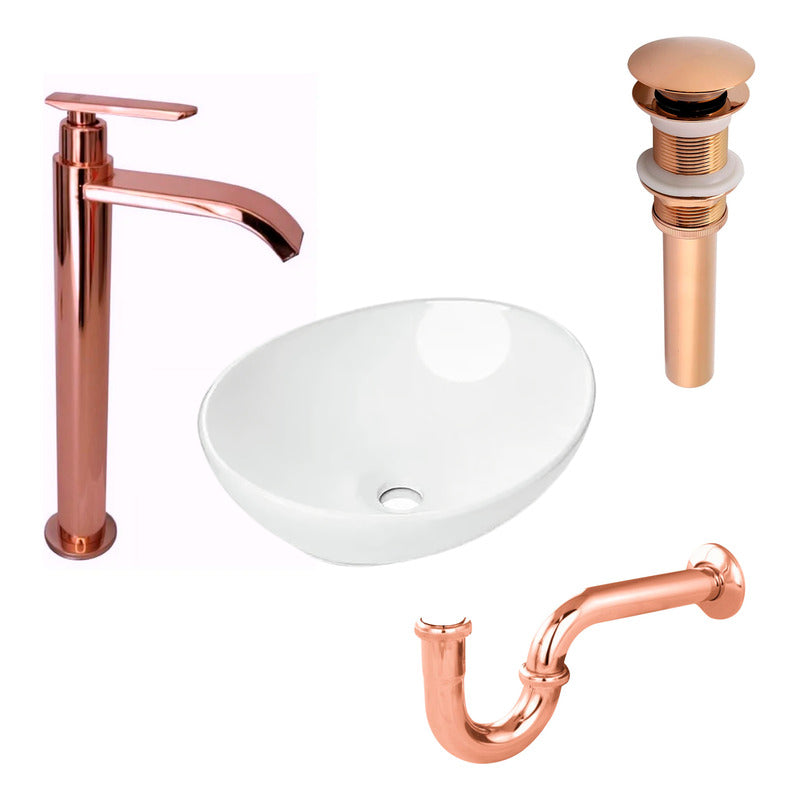 Combo Lavamanos Canoa+griferia Ag.fria+push+sifon Oro Rosa