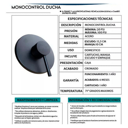 Grifería Ducha Monocontrol Negra Mate Vintage