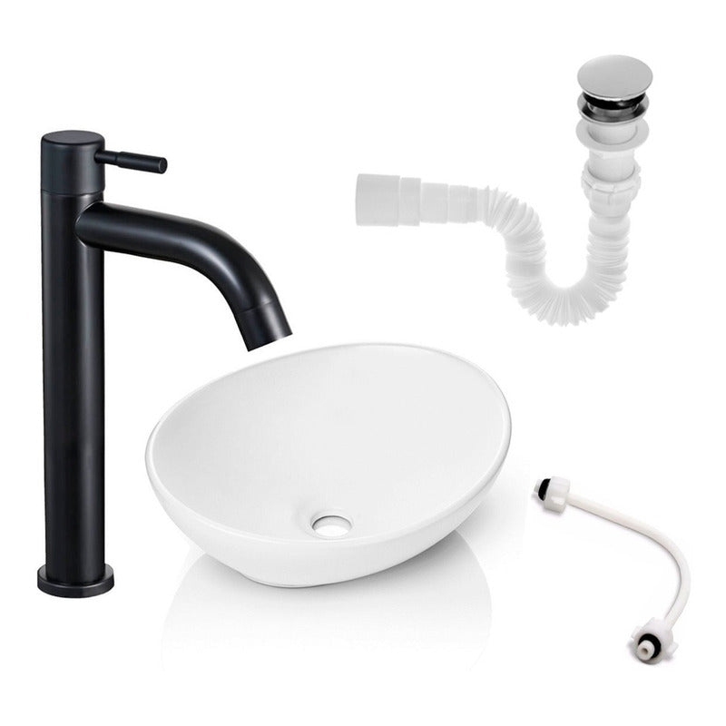 Kit Lavamanos Blanco+griferia Negro Mate+push Y Acople