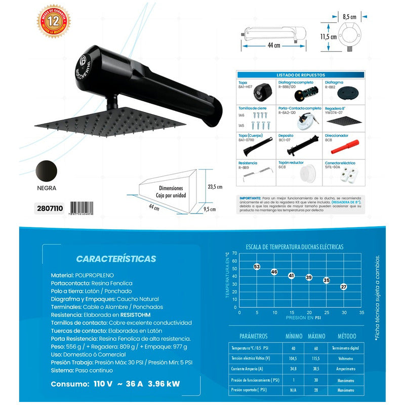 Ducha Electrica Horizontal Lusso Negra-ducha 8  110v