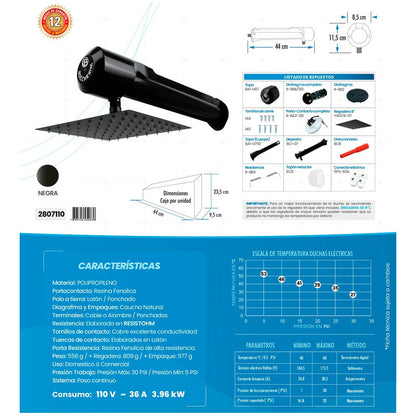 Ducha Electrica Horizontal Lusso Negra-ducha 8  110v